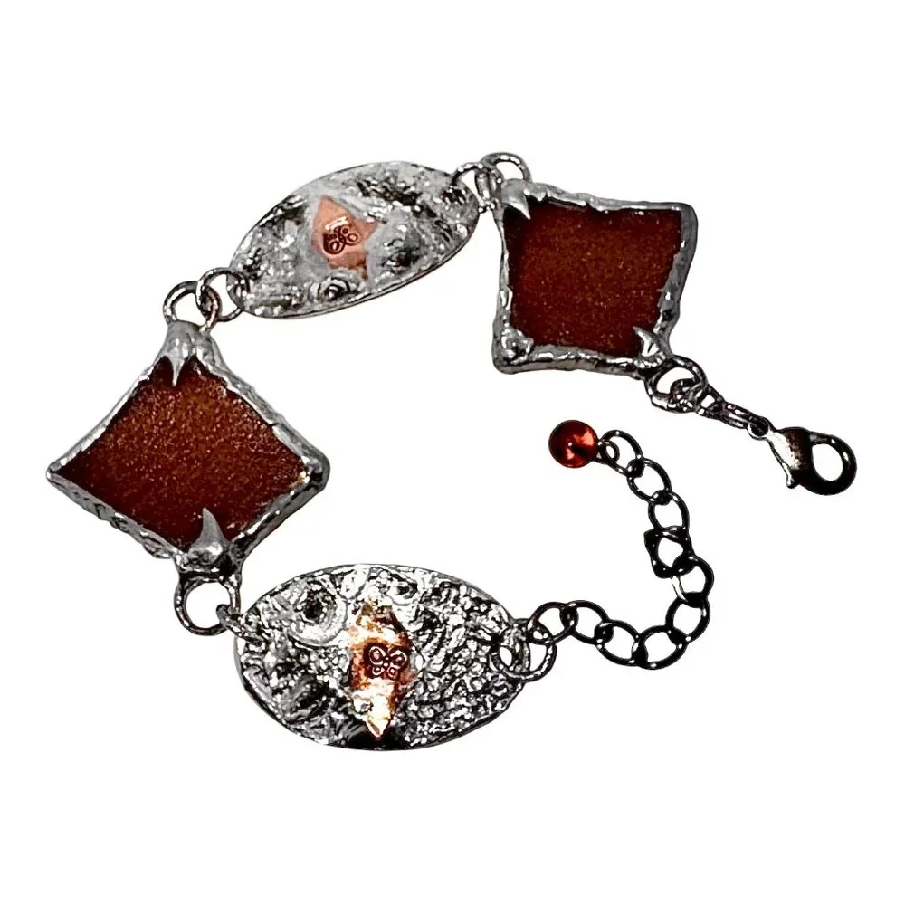 Amber Sea Glass Mixed Metals Butterfly Bracelet w/ Artisan Silver & Copper ADJ. - Picture 1 of 11